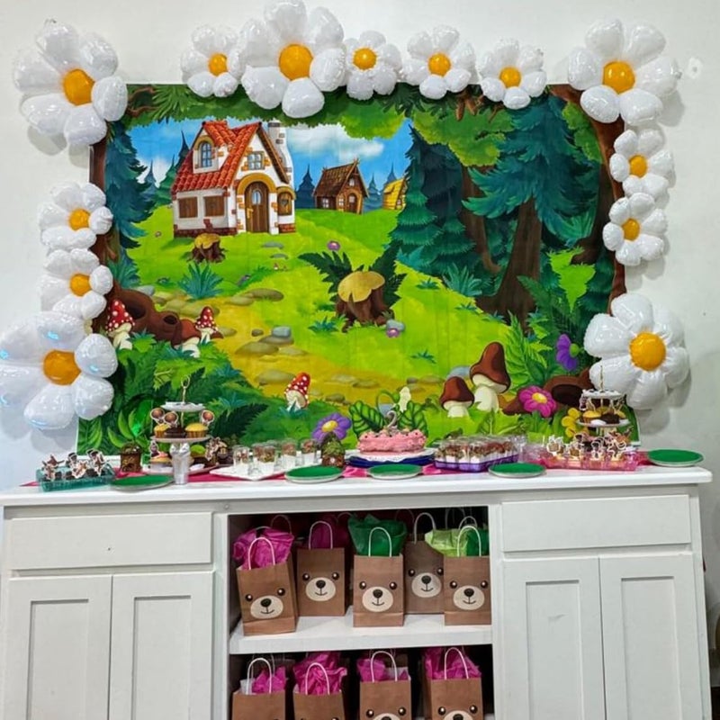Renaiss 5x3ft Cartoon Forest Backdrop Fairytale Green Forest Village Wood Hut Mushroom Flowers Wonderland Photography Background for Baby Shower Kids Birthday Party Decor Photo Studio Props - Image 2